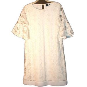 Kaari Blue white lace lined midi dress bell sleeve keyhole back size  M